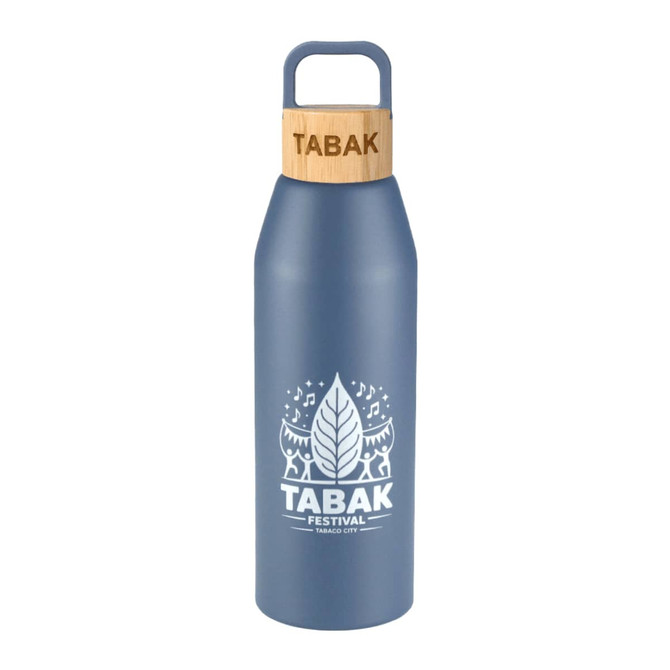 A drink bottle in blue with a bamboo lid and a logo, designed for reusable use.