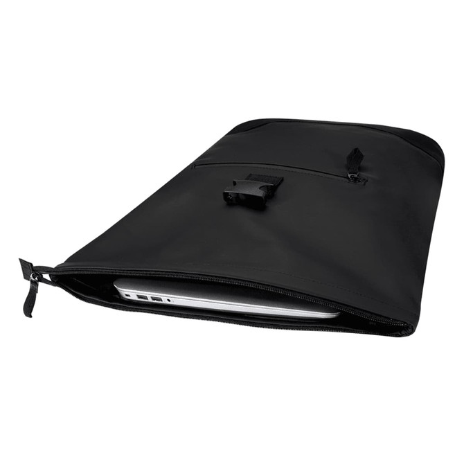 A black roll-top backpack with a zippered compartment, featuring a logo and a sleek design.