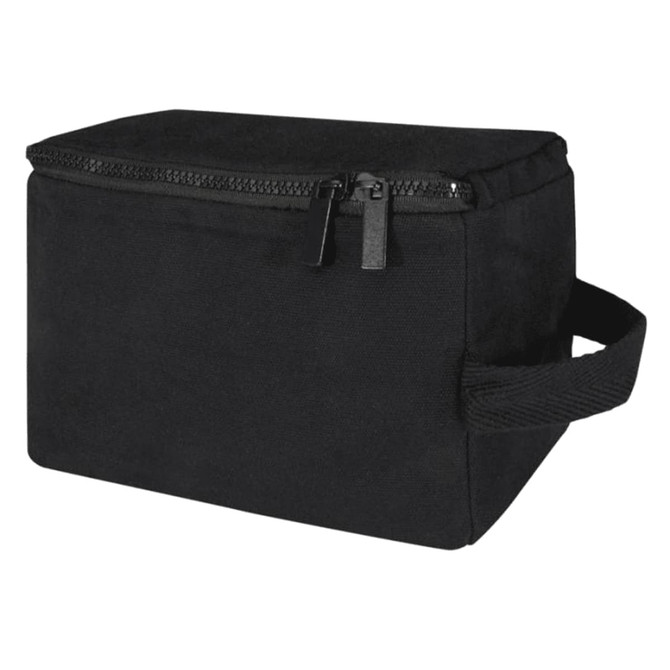 A black toiletry organiser with a zippered closure and a handle for easy transport. It has a simple, rectangular design.