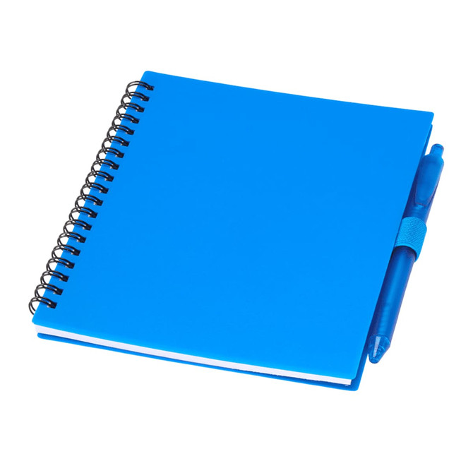 A blue recycled PP journal with a spiral binding and a matching pen attached. It has a logo on the cover.