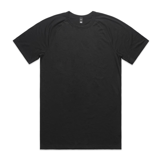 A black t-shirt with a crew neck and short sleeves, featuring a logo on the inside label.