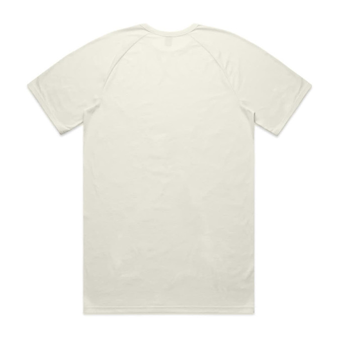 A plain white t-shirt with a rounded neckline and raglan sleeves, featuring a logo on the back.