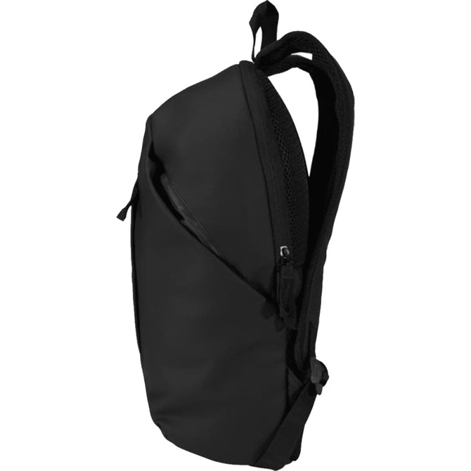 A black recycled anti-theft backpack with a sleek design and padded straps, featuring zippered compartments.