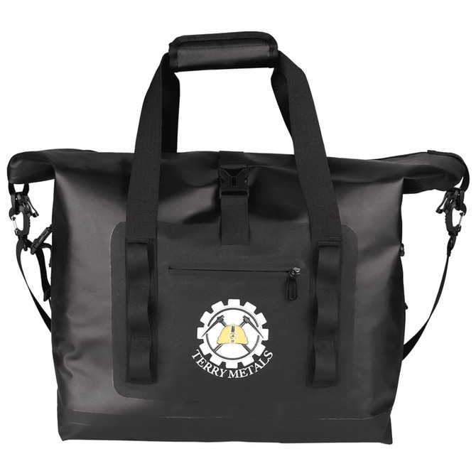 A black roll-top cooler with multiple handles and a front pocket, featuring a logo.