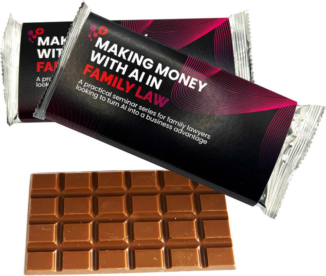 An 80g chocolate bar in a silver and pink wrapper with a grid pattern on the chocolate. It features a logo.
