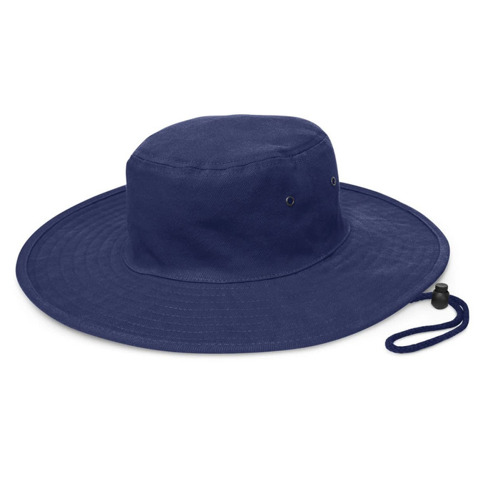 A wide-brim hat in navy blue, featuring ventilation eyelets and an adjustable chin strap.