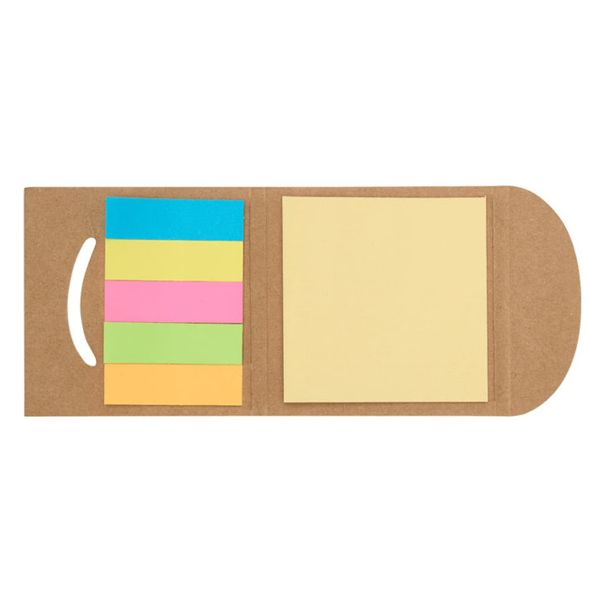 A sticky note set featuring blue, pink, yellow, and green notes, with a kraft paper holder.