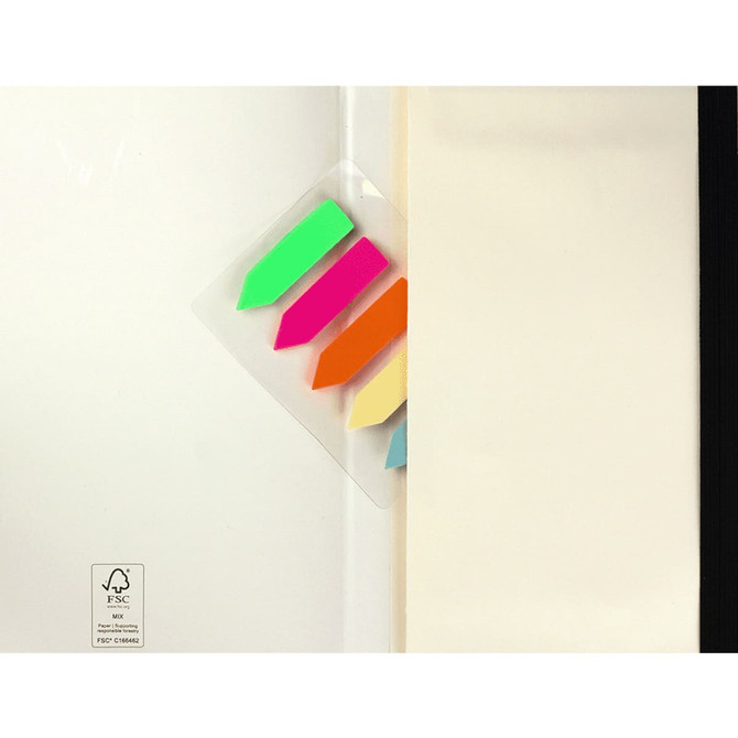 A diary with a black cover partially open, featuring colourful sticky tabs in neon pink, green, yellow, and orange.