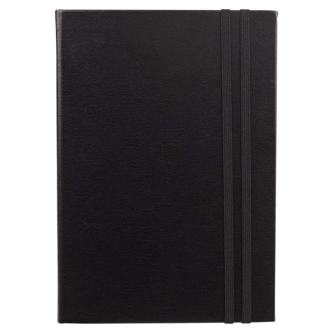 A black diary with a textured cover, featuring elastic closure bands and a simple design.