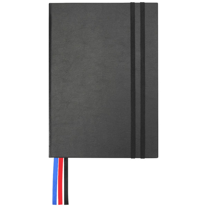 A black diary with elastic closures and ribbon bookmarks in red, blue, and white. It features a logo on the cover.