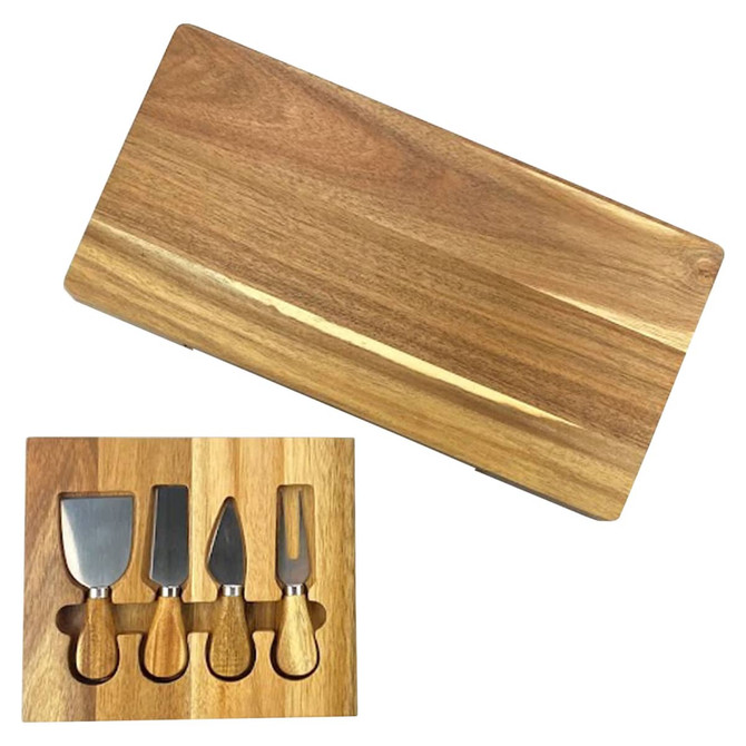 A wooden cheeseboard with a natural finish, featuring four metal cheese knives with wooden handles inside a compartment.