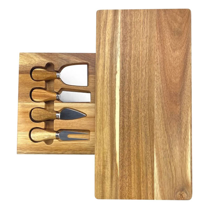 A wooden cheeseboard with a smooth finish, featuring four stainless steel knives in a fitted tray.