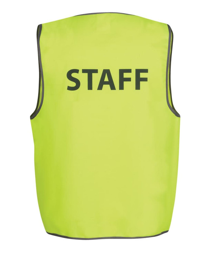 A safety vest in bright lime green featuring a logo, with "STAFF" printed on the back in bold lettering.