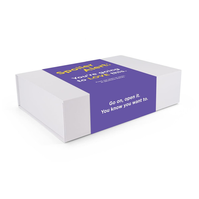A white box with a purple band around it, featuring playful text and a logo.