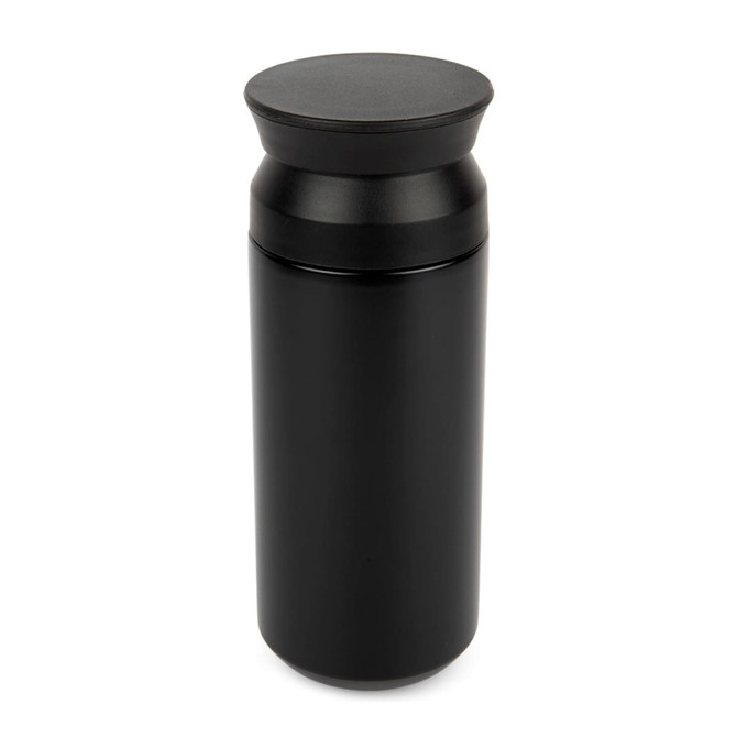 A black drink bottle with a sleek design and a twist-top lid. It features a logo on the body.