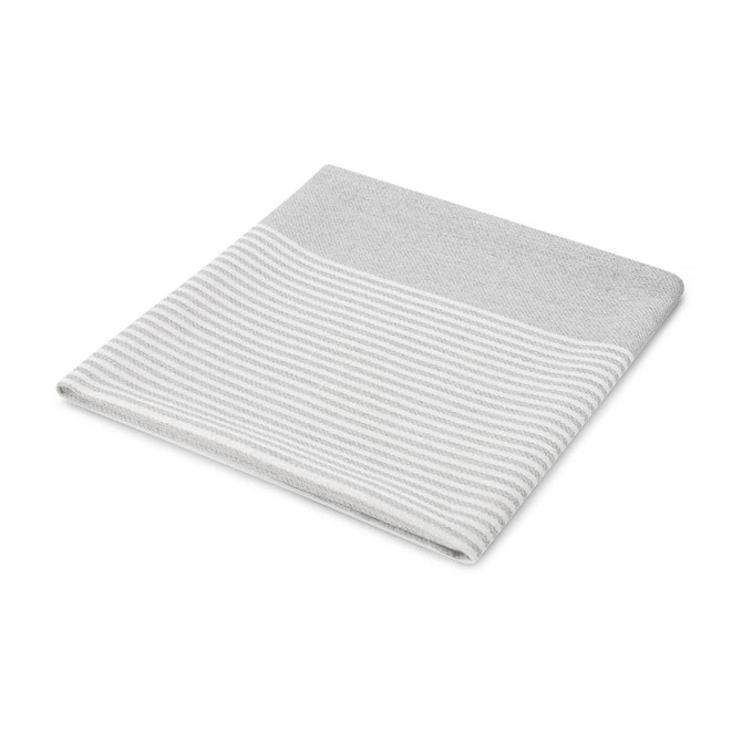 A folded grey towel with a striped design at the top. It features a soft texture and a simple, modern look.