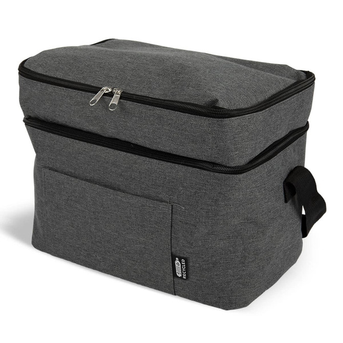 A grey insulated cooler bag with a zippered top and a front pocket, featuring a carry handle.