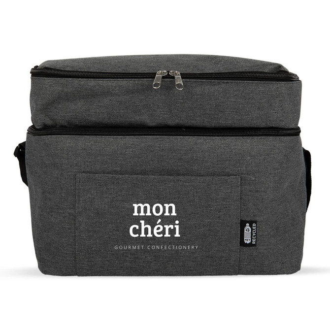 A grey insulated cooler bag with a zippered top and a front pocket, featuring a logo.