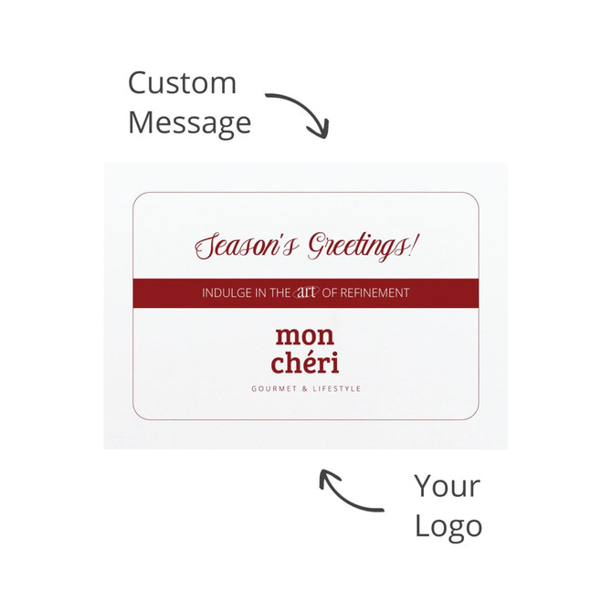 A card with a white background featuring a red band, logo, and space for a custom message.