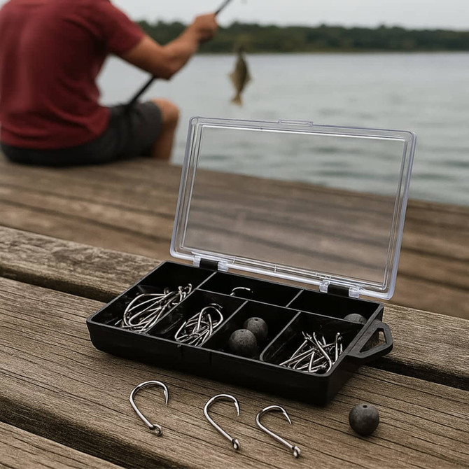 A black fishing tackle kit with compartments for hooks and weights, placed on a wooden surface by the water.