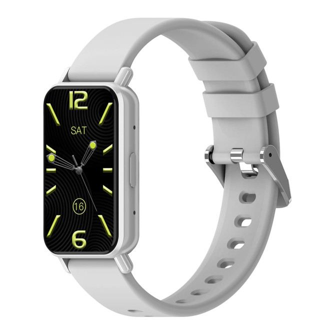 A slim smart watch with a black face and vibrant green details, featuring a grey strap and a branded logo.