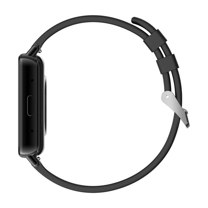 A black smart watch with a sleek design and a minimalist strap, featuring a branded logo on the side.