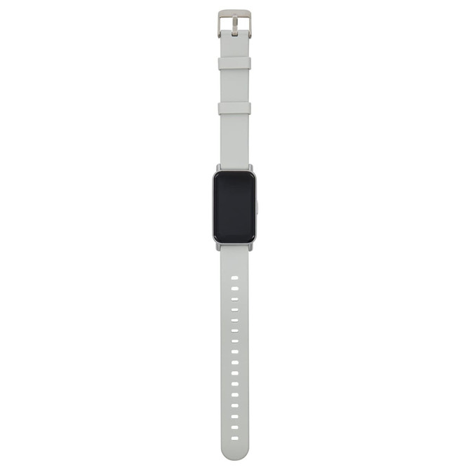 A smartwatch with a rectangular screen and a light grey silicone strap, featuring a silver buckle.