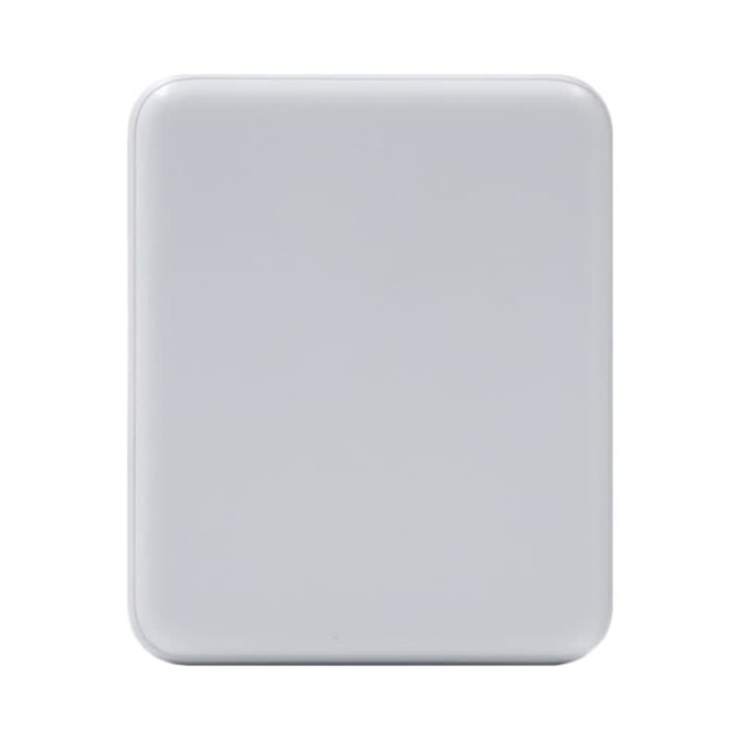 A white magnetic wireless power bank with a sleek, rectangular design and a branding logo.