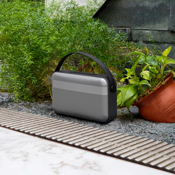 A premium wireless speaker in silver and black, positioned among greenery on a rocky surface.