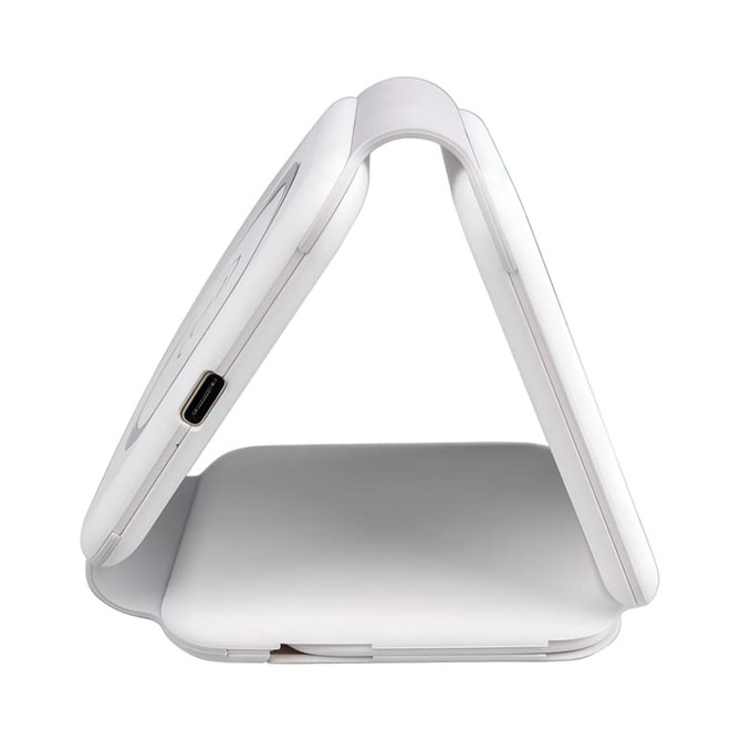 A white magnetic wireless charging kit with an angled design, featuring a USB-C port and a logo.