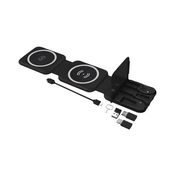 A black Jersey 15W Magnetic Wireless Charging Kit with two charging pads, USB cable, and accessories stored in a compact design.