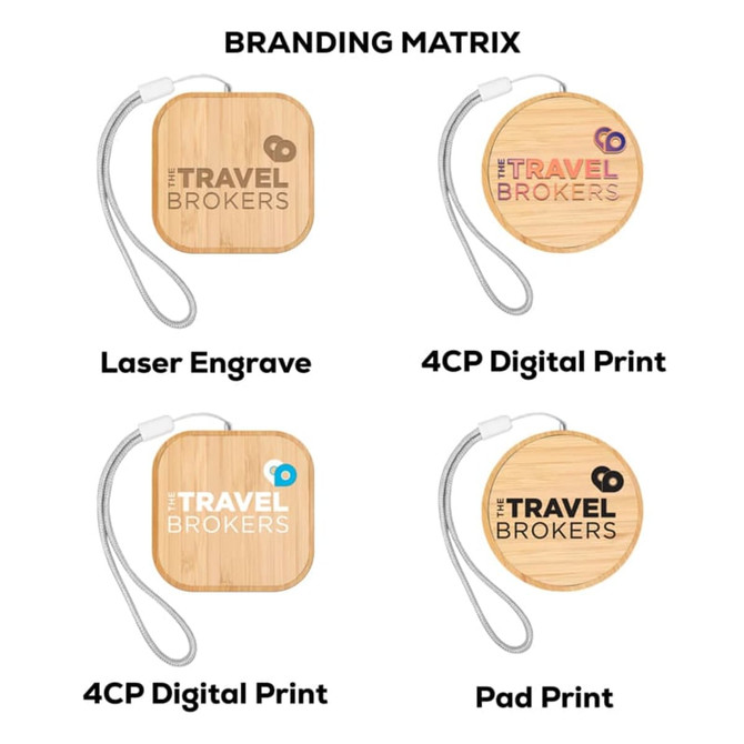 A promotional eco-friendly wireless charger with a wooden finish and various branding options displayed on it.