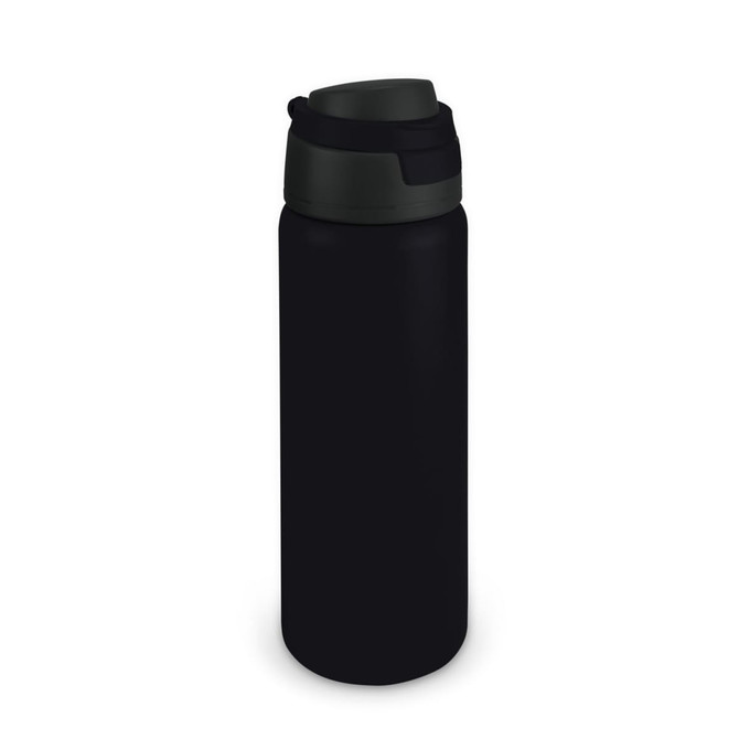 A drink bottle in black with a dark lid. It features a simple design and a branding logo.
