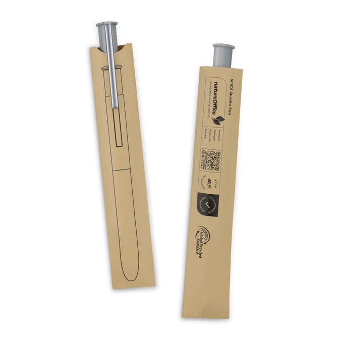 A promotional pen in a brown cardboard sleeve. The pen is sleek with a silver top and features a logo.