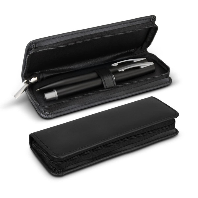 A black pen set in a sleek black zippered case, featuring a stylish black pen and minimalistic design.
