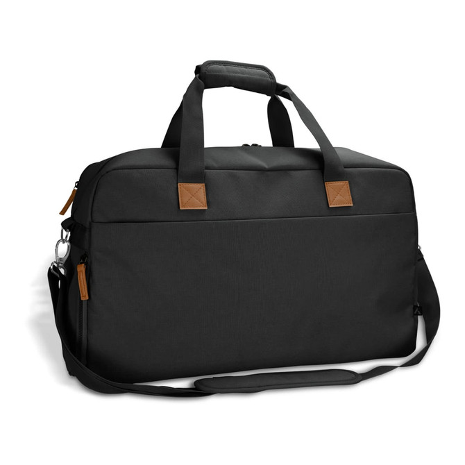 A black duffle bag with brown accents, featuring two handles and a removable shoulder strap. It has a logo on the front.