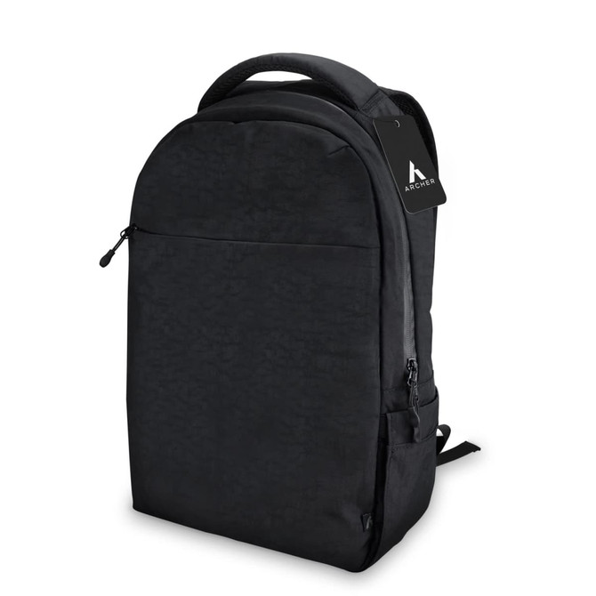 A black backpack with a sleek design, featuring a logo and a hang tag.