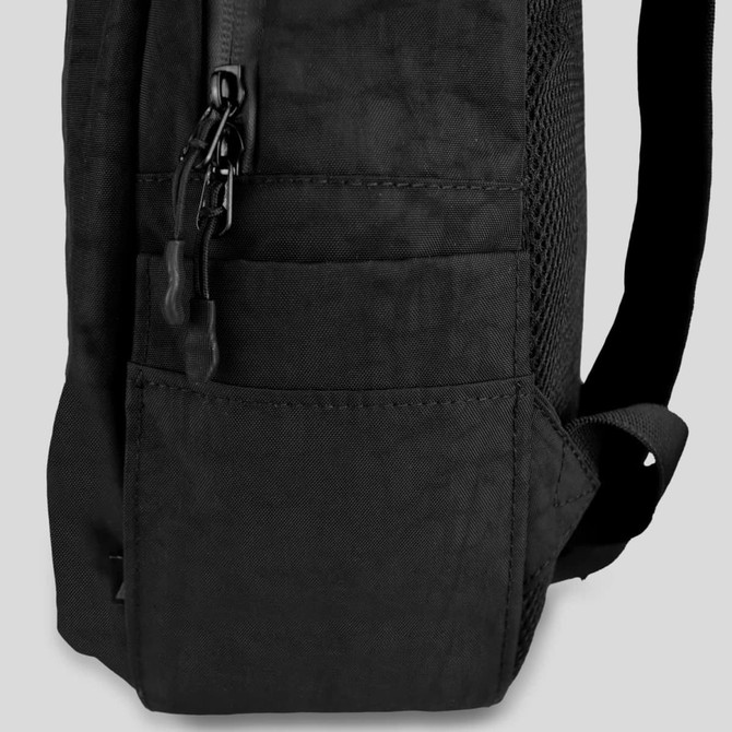 A black backpack featuring a side pocket and mesh detailing, with a zipper closure and shoulder straps.