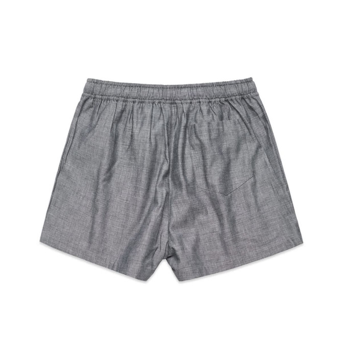 Grey dress shorts with an elastic waistband and a back pocket, featuring a simple and sleek design.