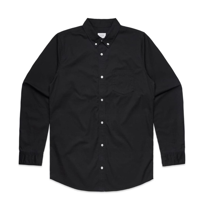 A black button-up denim wash shirt with long sleeves and a chest pocket. Features a logo on the label.