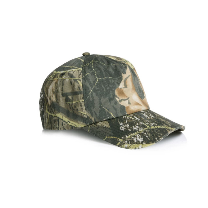 A soft camo cap in shades of green and brown with a curved brim and a logo on the side.
