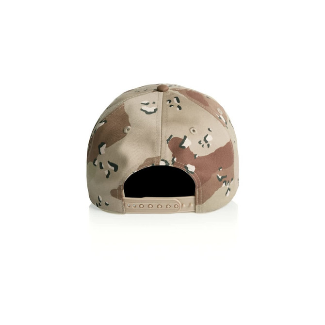 A camouflage cap in shades of tan, brown, and green, featuring a snapback closure and a small logo.
