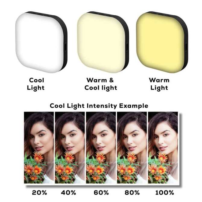 A compact, square LED selfie light featuring cool and warm light options, available in black with different lighting intensities displayed.