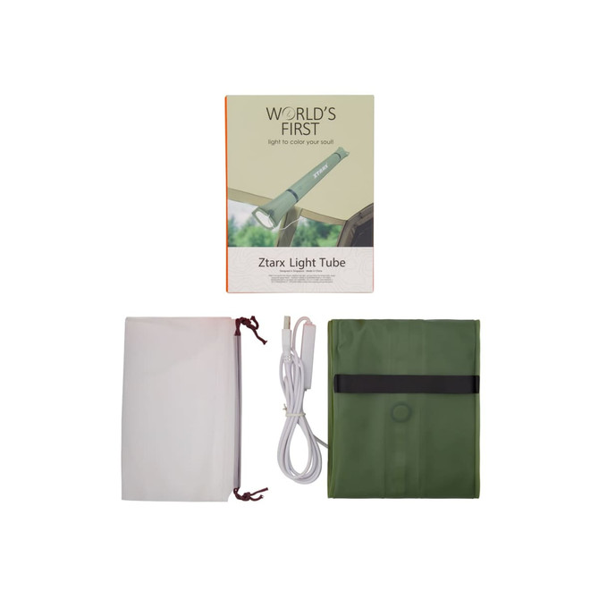 A foldable camp light in green with a USB charging cable, packaged with a box and a transparent cover.