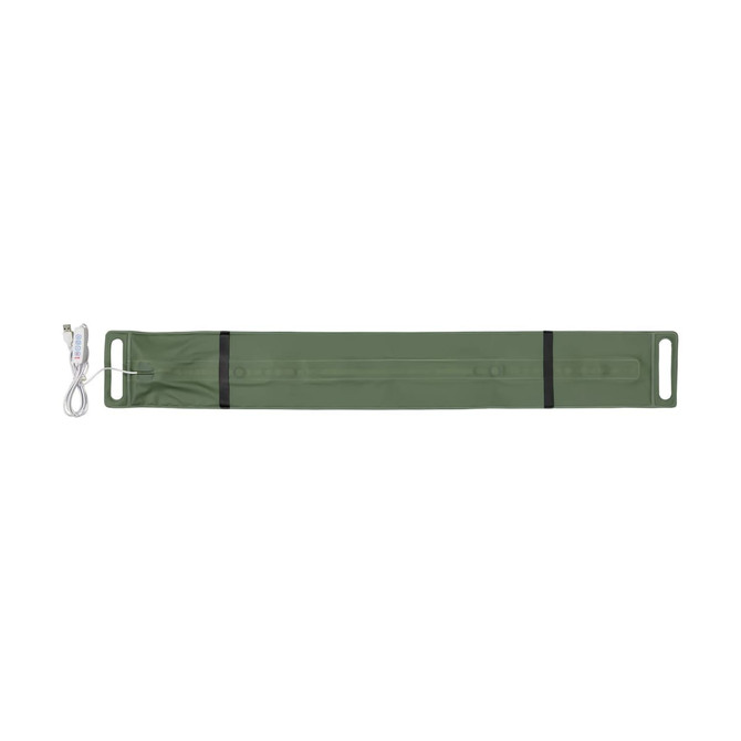 A long, olive green foldable camp light with a power cable attached. It features two handle openings.