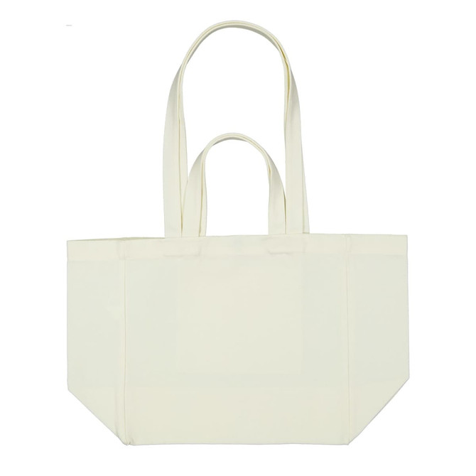 A cream-coloured canvas bag with two sturdy handles and a spacious interior. It features a simple design with no visible branding.
