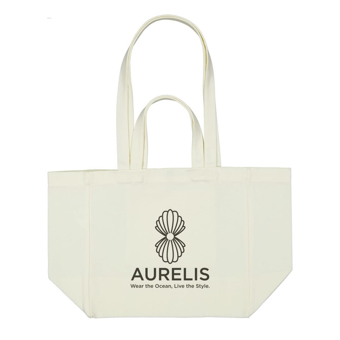A cream canvas bag with two long handles and a large logo on the front.