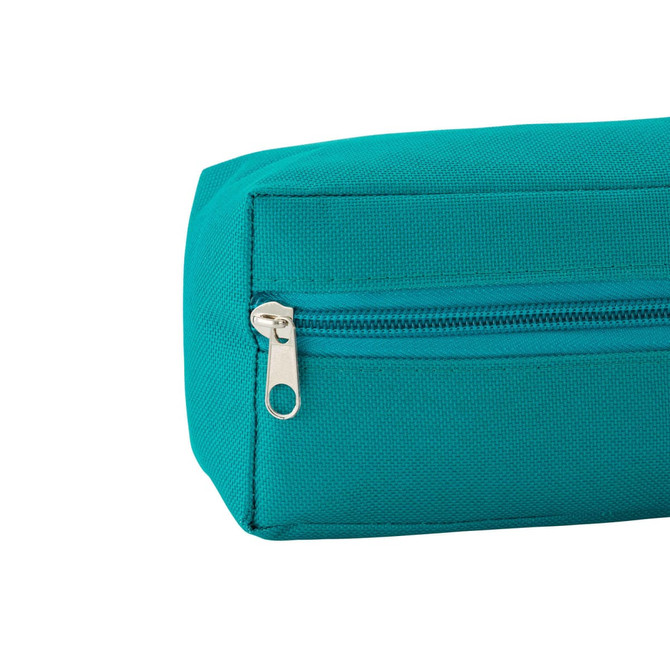 A teal utility case featuring a zippered closure and a rectangular shape. The fabric has a textured finish.