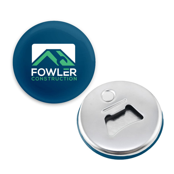 A drink bottle opener featuring a blue round button design and a silver metal opening section, with a logo.