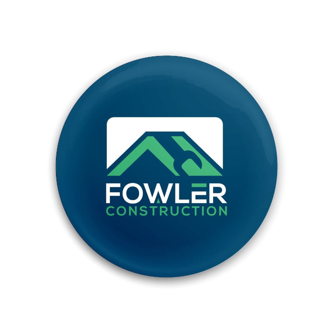 A drink bottle opener in blue with a logo featuring a roof and a wrench design.